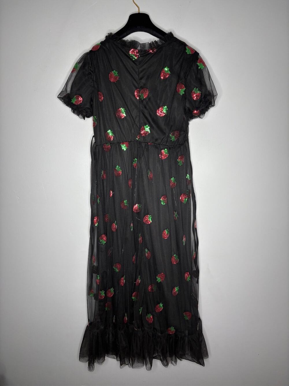 Lirika Matoshi Black Mesh Red Strawberry Midi Dress Short Sleeve Tulle Gown XS